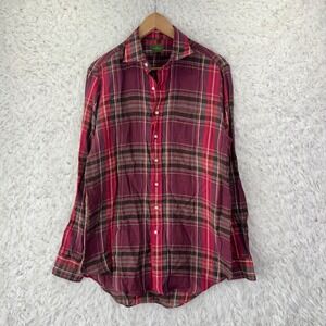 Sid Mashburn Plaid Button Down Shirt Medium Burgundy Cotton Linen Preppy Classic